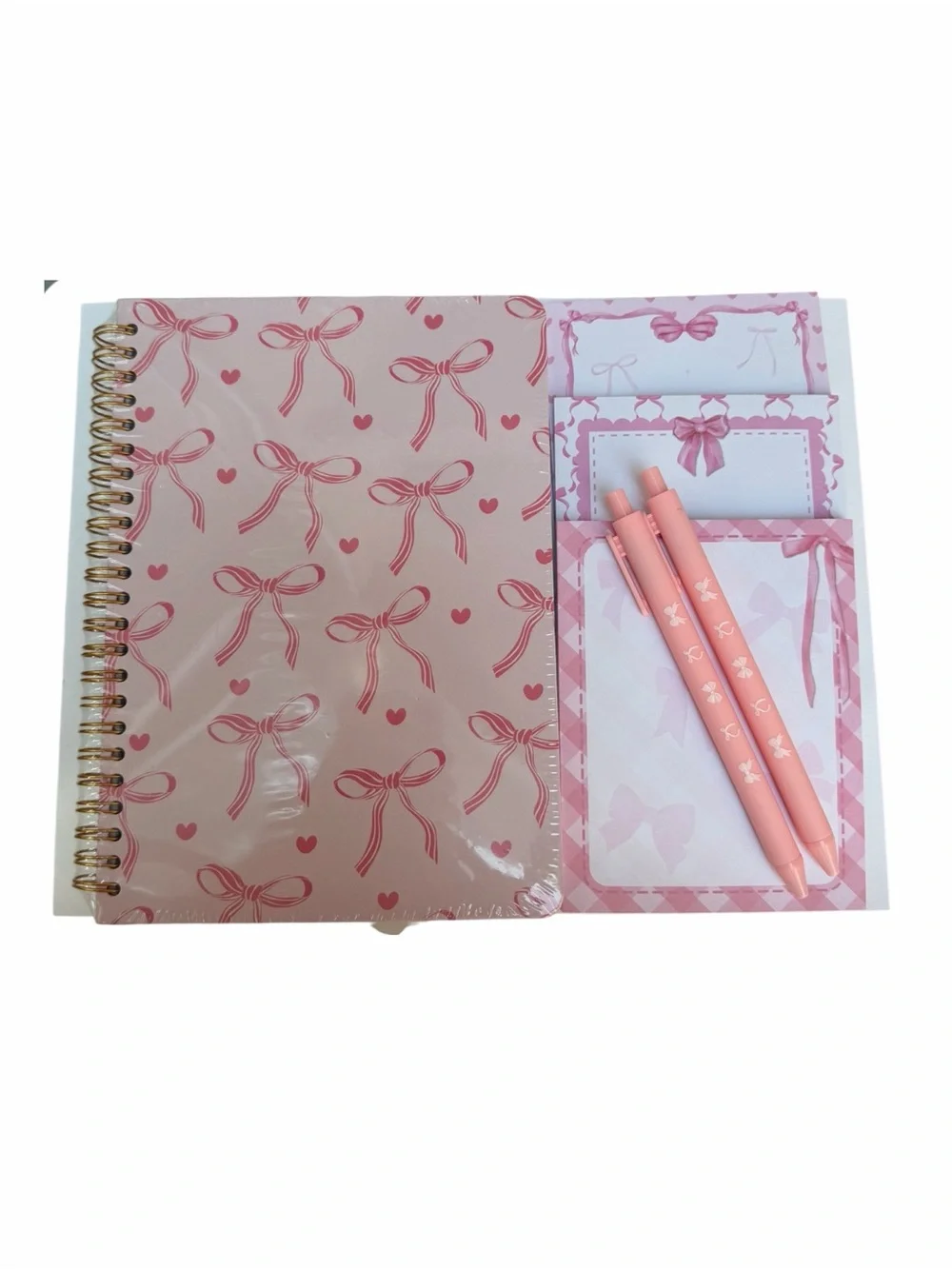 Pink Bow Spiral Notebook, 3-Piece Notepad Set with Matching Pens New